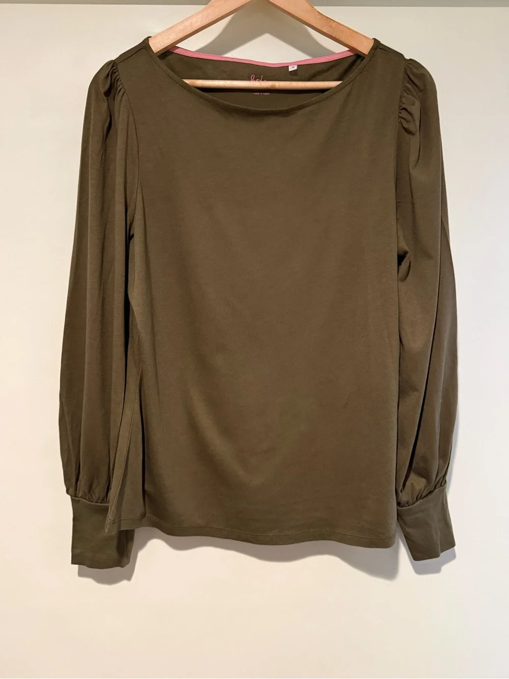 Boden Long Puff Sleeve Olive Green Cotton/modal Jersey Crew Neck Top, size 12